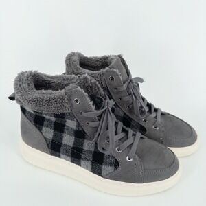 Marc Fisher Gray Plaid Faux Fur High‎ Top Sneakers Womens 10M Cozy Winter Shoes